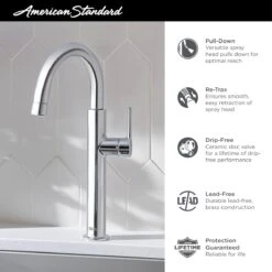 American Standard | Studio S 1.8 GPM Single Hole Pull Down Bar Faucet With Re-Trax Technology -Faucet 4803410002 infographic 1