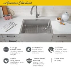 American Standard | Avery 30" Farmhouse Single Basin Stainless Steel Kitchen Sink With Basket Strainer, Basin Rack, And Sound Dampening Technology -Faucet american standard 1180sb 3020ss alternate image 15