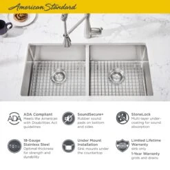 American Standard | Pekoe 29" Undermount Double Basin Stainless Steel Kitchen Sink With Basket Strainer, Basin Rack, And Sound Dampening Technology -Faucet american standard 18db 6291800 alternate image 36