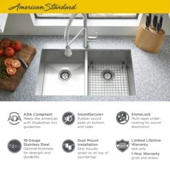 American Standard | Edgewater 33-11/16" Drop In Or Undermount Double Basin Stainless Steel Kitchen Sink With Basket Strainer, Basin Rack, And Sound Dampening Technology -Faucet american standard 18db6332211 alternate image 41