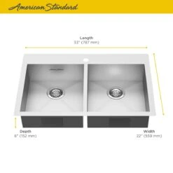 American Standard | Edgewater 33-11/16" Drop In Or Undermount Double Basin Stainless Steel Kitchen Sink With Basket Strainer, Basin Rack, And Sound Dampening Technology -Faucet american standard 18db6332211 alternate image 42