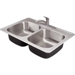 American Standard | Colony 33" Double Basin Stainless Steel Kitchen Sink For Drop In Installations With Three Faucet Holes - Stainless Steel Faucet And Drain Included