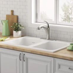 American Standard | Quince 32-7/8" Drop In Double Basin Cast Iron Kitchen Sink With Three Faucet Holes 10 American Standard | Quince 32-7/8" Drop In Double Basin Cast Iron Kitchen Sink With Three Faucet Holes -Faucet american standard 77db 33223 alternate image 343