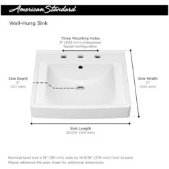 American Standard | Decorum 21" Wall Mounted Bathroom Sink With Overflow, 3 Faucet Holes At 8" Centers, And EverClean Glaze -Faucet american standard 9134008ec alternate view 15