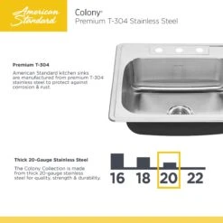 American Standard | Colony 33" Double Basin Stainless Steel Kitchen Sink For Drop In Installations With Three Faucet Holes - Stainless Steel Faucet And Drains Included -Faucet colony sink infographic 02 5