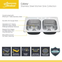 American Standard | Colony 25" Single Basin Stainless Steel Kitchen Sink For Drop In Installations With Three Faucet Holes - Stainless Steel Faucet And Drain Included -Faucet colony sink infographic 4 holes 4