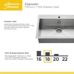 American Standard | Edgewater 33" Double Basin Stainless Steel Kitchen Sink For Drop In Or Undermount Installations With Single Faucet Hole - Drains Included -Faucet edgewater sink 18 guage 2
