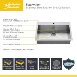 American Standard | Edgewater 25" Single Basin Stainless Steel Kitchen Sink For Drop In Or Undermount Installations With Single Faucet Hole - Drain Included -Faucet edgewater sink infographic