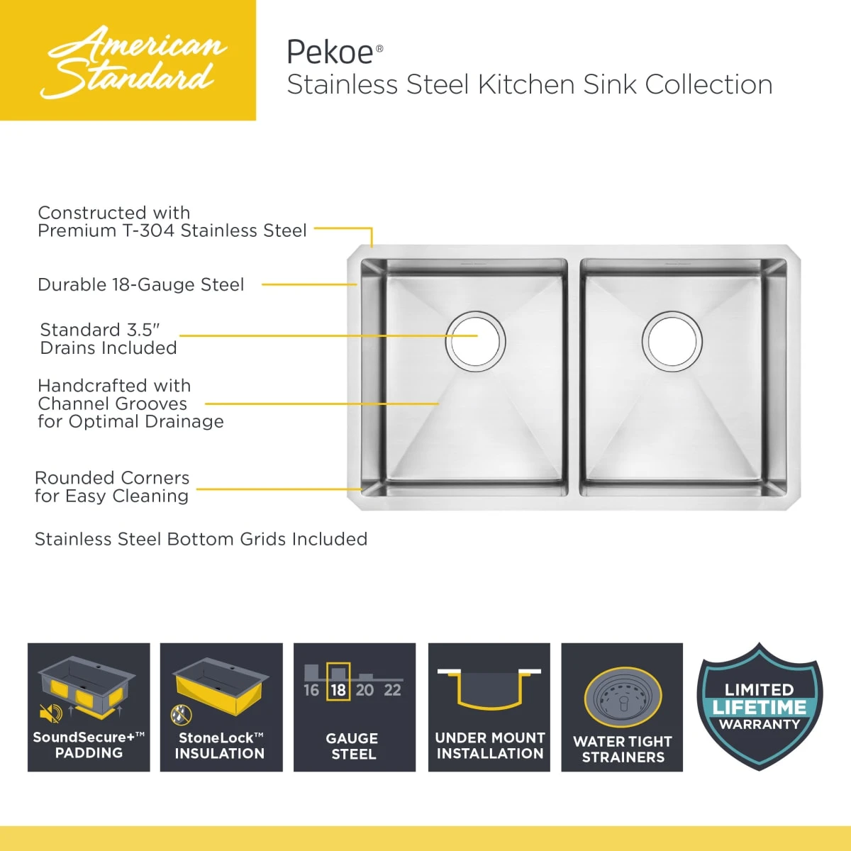 American Standard | Pekoe 29" Double Basin Stainless Steel Kitchen Sink For Undermount Installations - Drains Included 5 American Standard | Pekoe 29" Double Basin Stainless Steel Kitchen Sink For Undermount Installations - Drains Included - Image 3