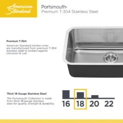 American Standard | Portsmouth 23-3/16" Single Basin Stainless Steel Kitchen Sink For Undermount Installations - Drain Included -Faucet portsmouth 18 guage
