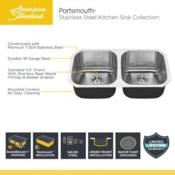 American Standard | Portsmouth 31-1/2" Double Basin Stainless Steel Kitchen Sink For Undermount Installations - Drains Included -Faucet portsmouth sink infographic 2